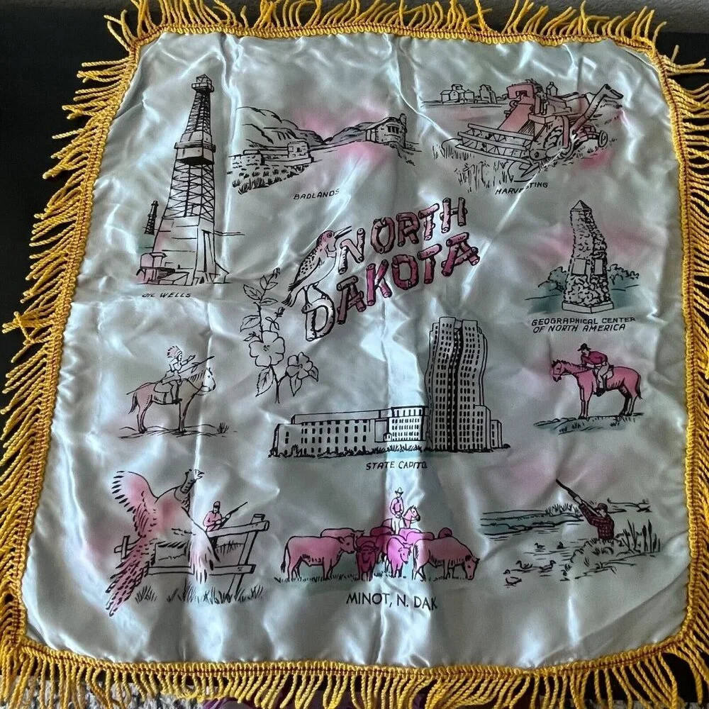 Vtg Satin Pillow Cover NORTH DAKOTA Silver with Gold Fringe 16